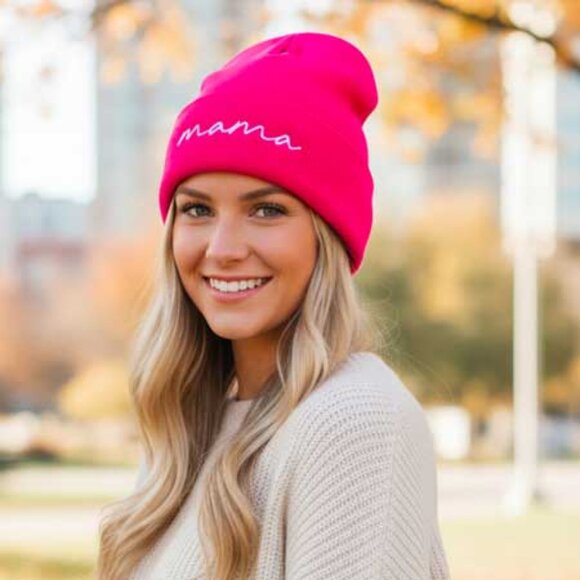 2/$30 Ladies Adult Pink Mama Beanie Hat - Picture 2 of 7